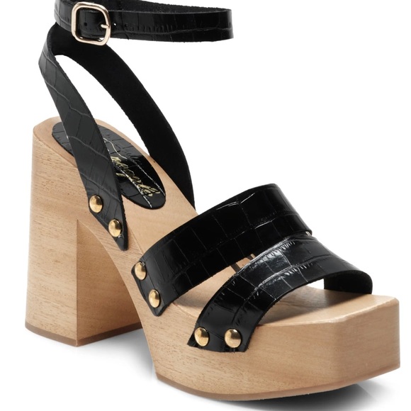 NWT Free People Mallory leather clog sandal heels black tan wood 10 - Picture 2 of 6